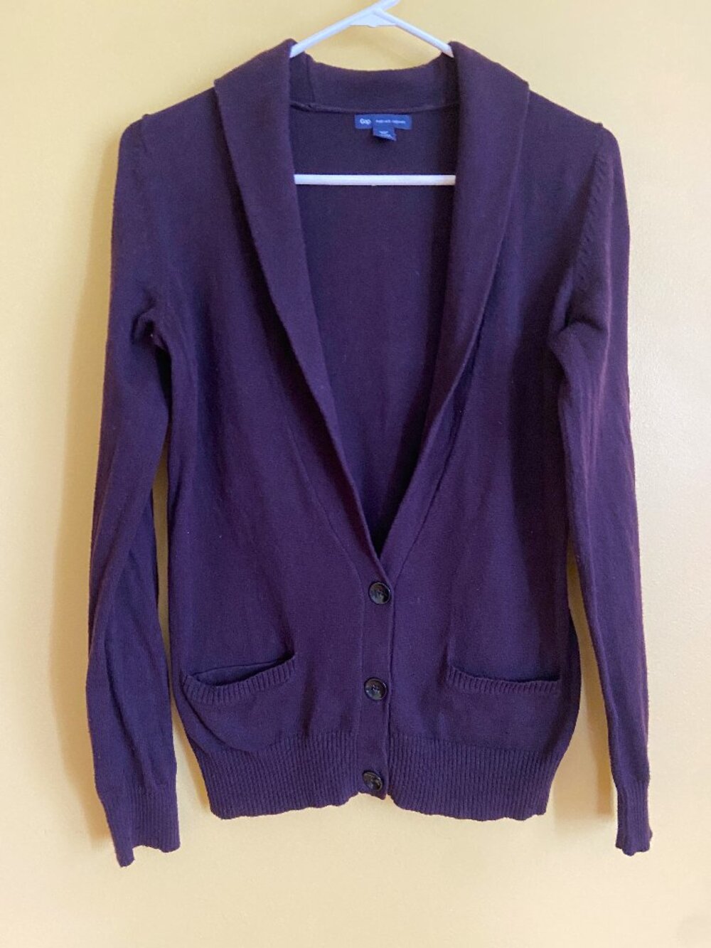GAP shawl collar cardigan made with cashmere deep purple